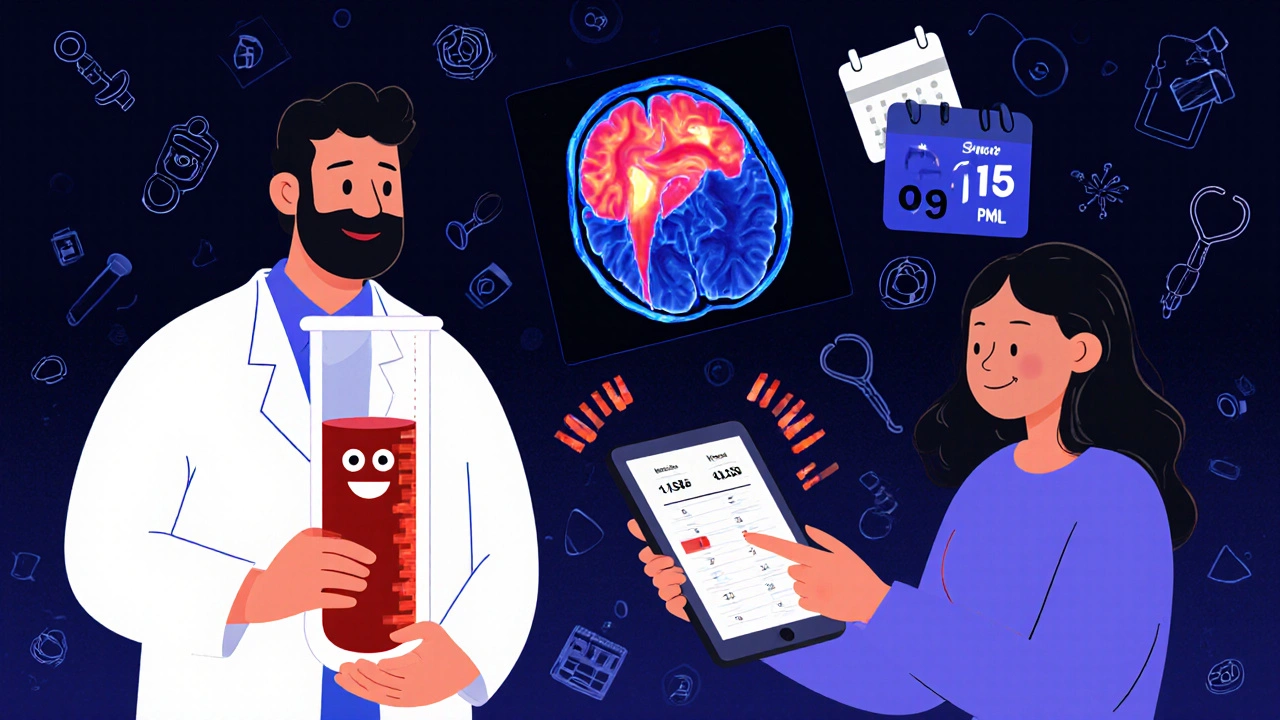 A doctor shows a blood test to a patient while a brain MRI with red lesions glows beside them.