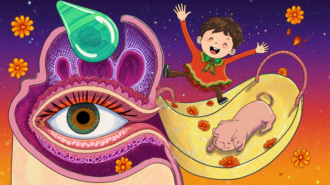 A happy aqueous humor droplet sliding through a festive eye maze lit with marigold petals.