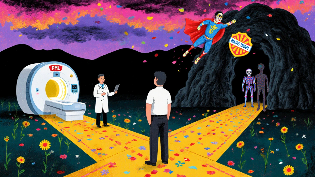 A patient chooses between medical care and PML danger, with a T-cell superhero flying in from a vibrant sky.