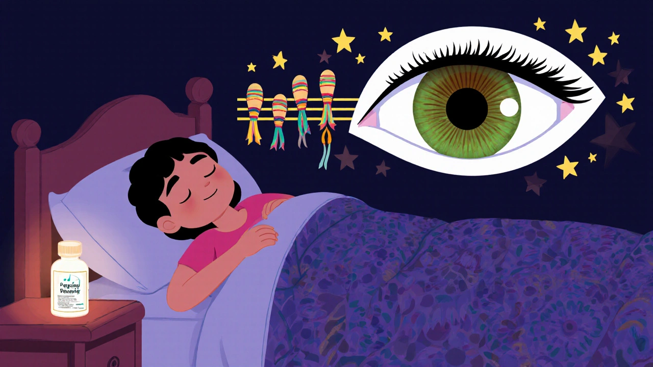 A sleeping patient with a glowing eye drop bottle, eyelashes growing and iris darkening gently in the night.