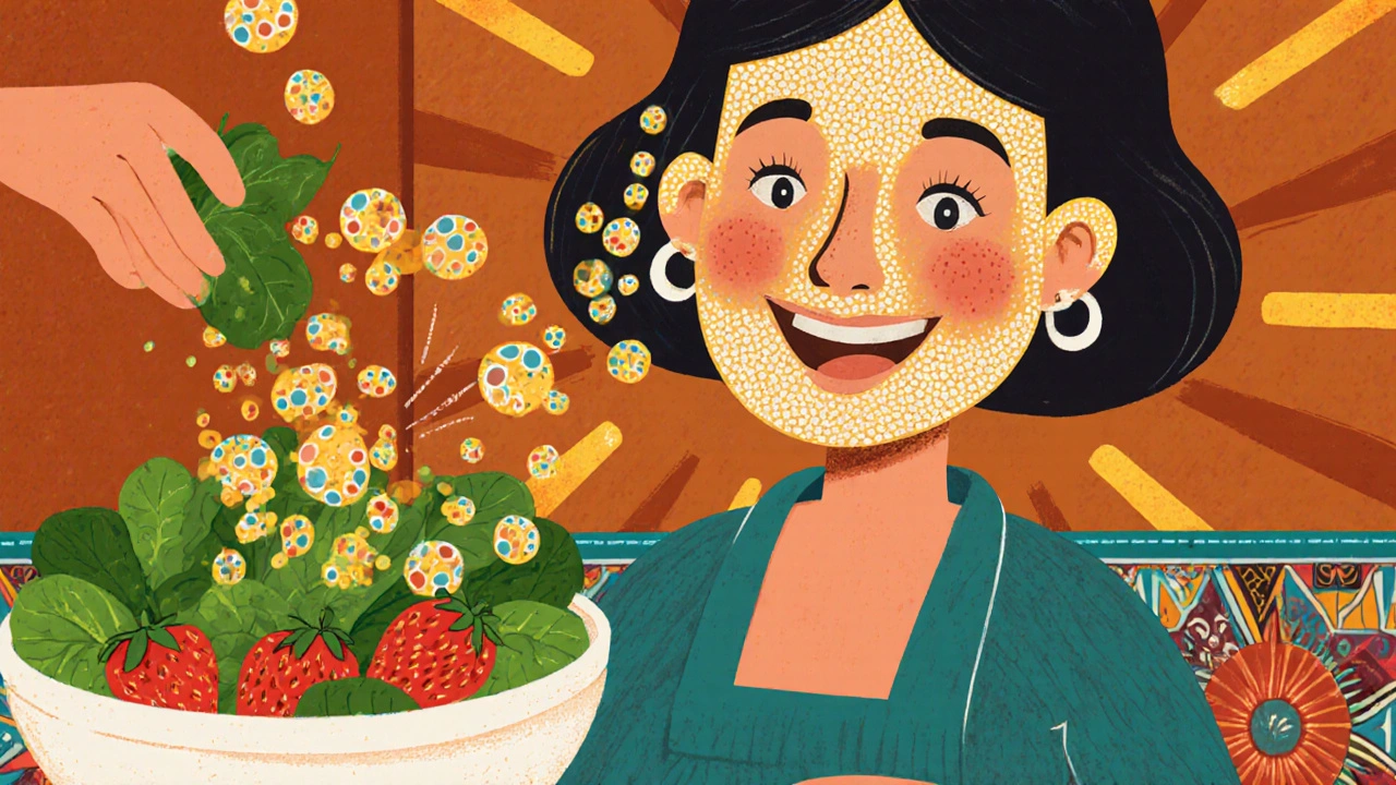 A woman cooking iron- and folate-rich foods, with nutrient molecules transforming into glowing skin cells.