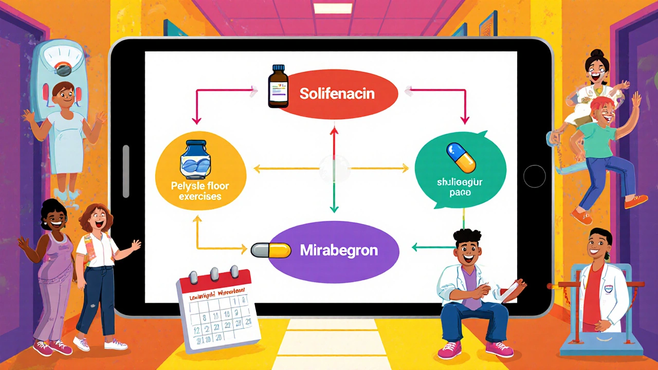 Animated decision flow with medication options and lifestyle therapy icons.