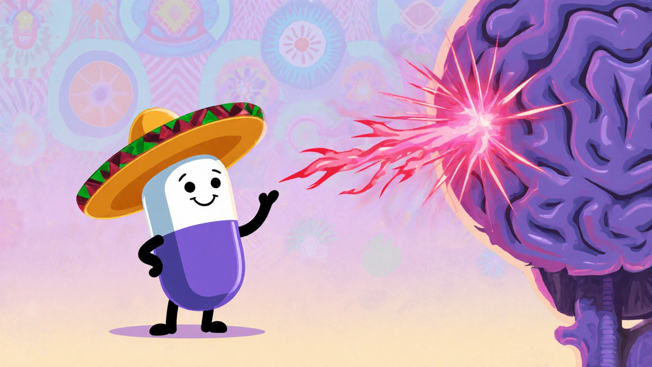 Cartoon baclofen pill calms pink‑purple GABA receptors, reducing red nerve spikes.