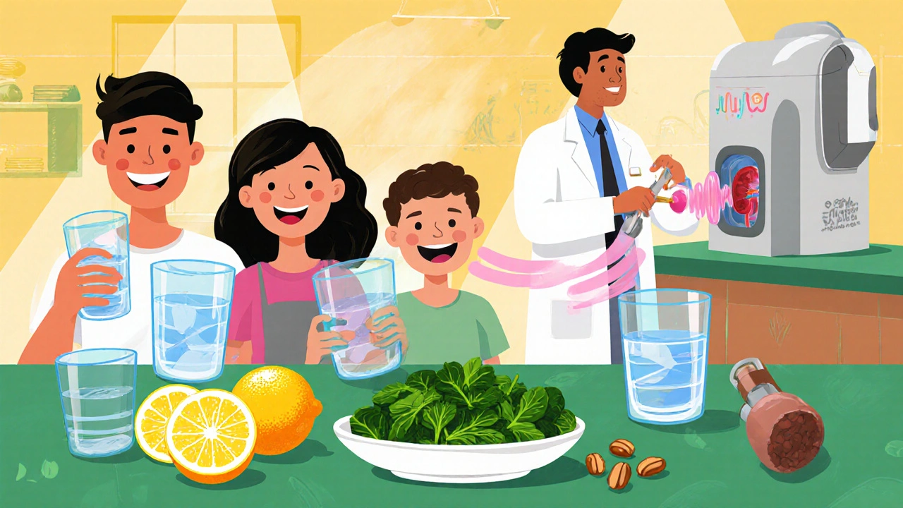 Cartoon family drinking water, lemons, and a doctor treating a stone.