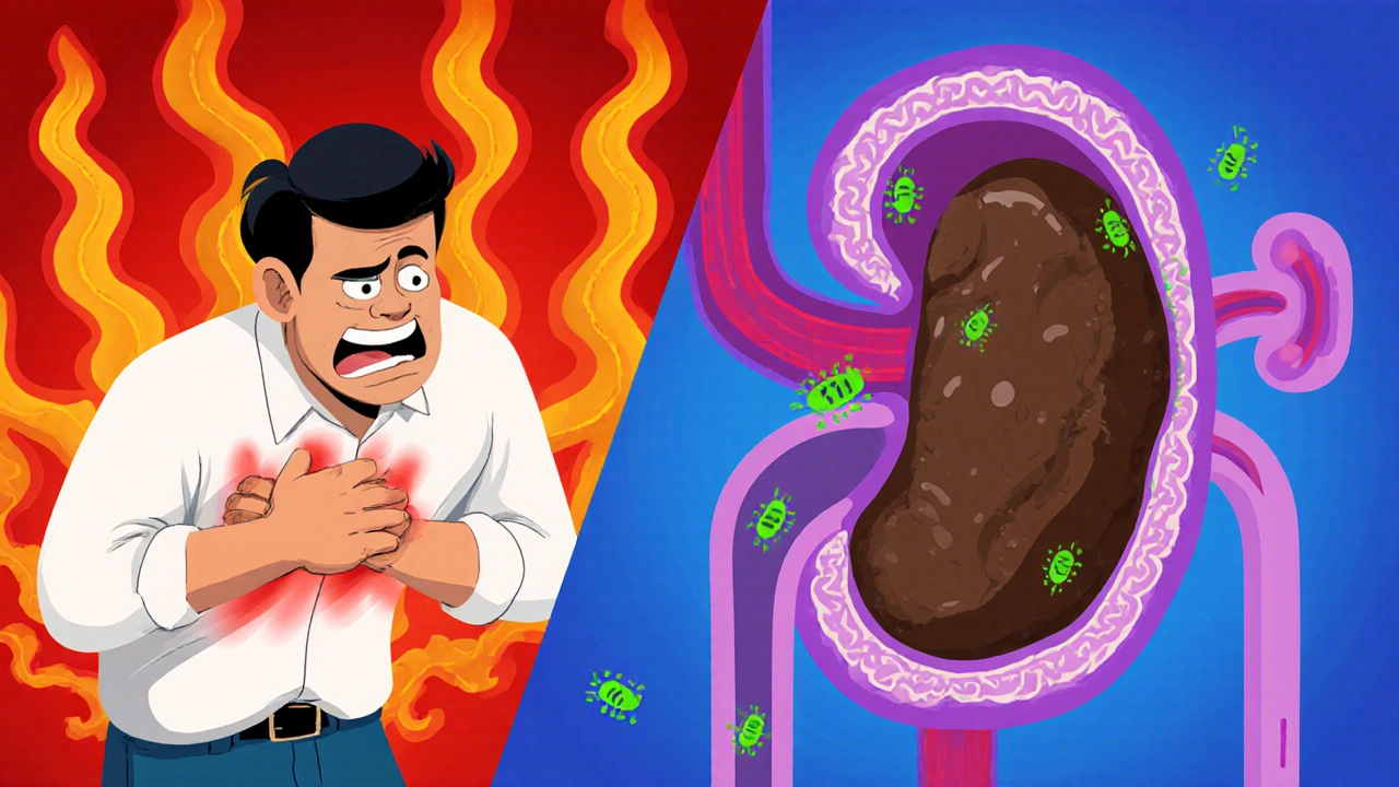Cartoon shows a stone blocking a ureter and a person in flank pain.