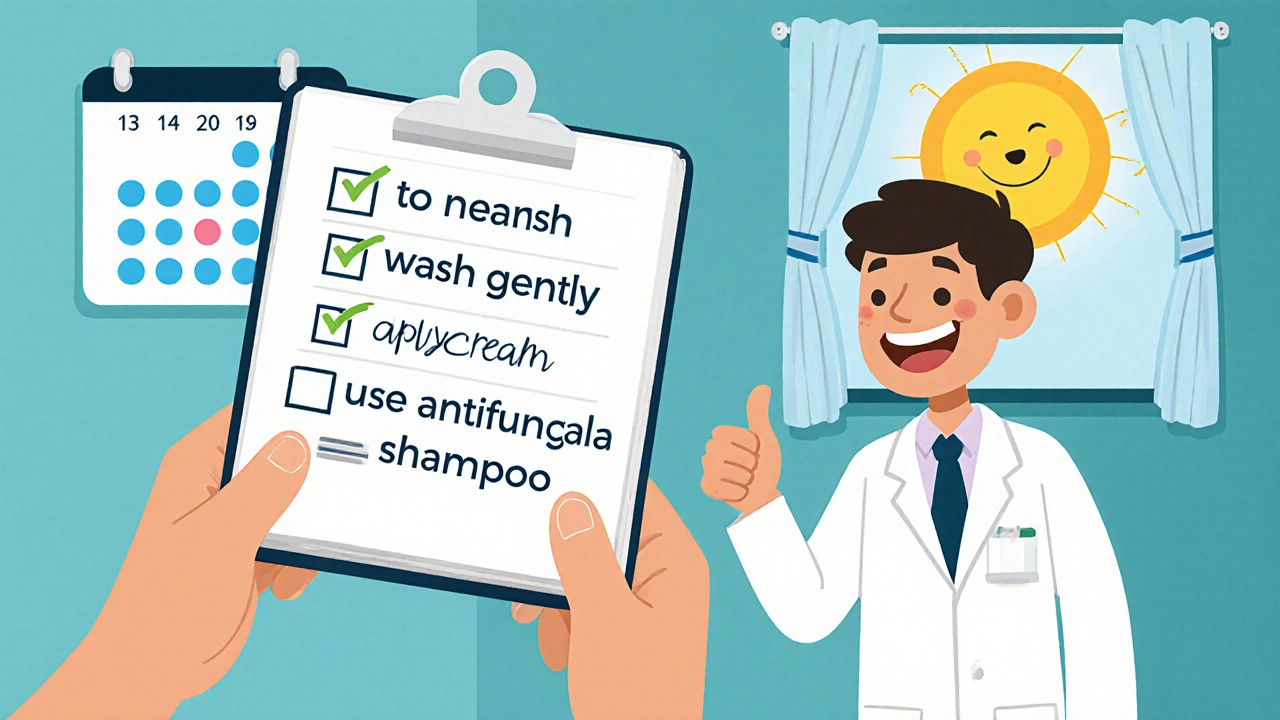 Cheerful checklist with diary, calendar, dermatologist, and sunscreen symbols.