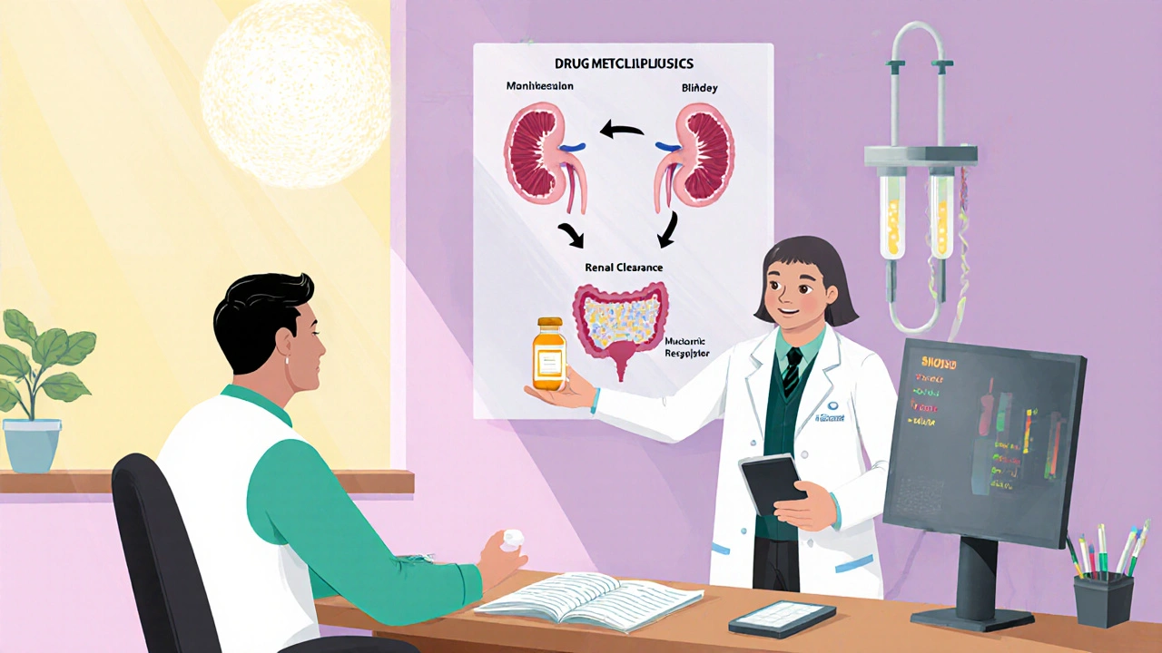 Clinician reviewing metabolism chart and urodynamic equipment with patient.