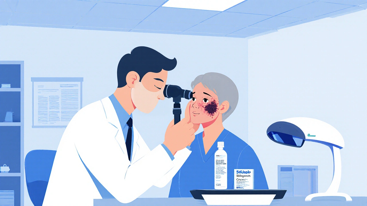 Dermatologist examining a cheek lesion with dermatoscope, surrounded by treatment tools.