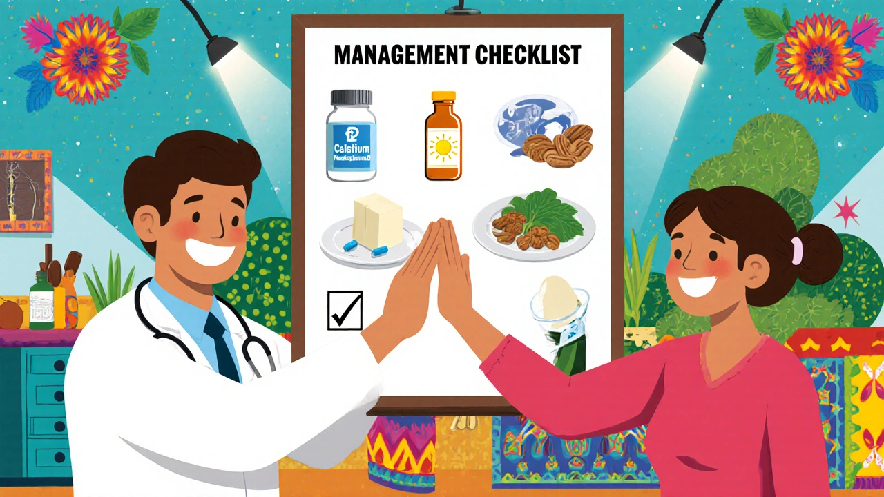 Doctor and patient celebrate with icons of calcium, vitamin D, magnesium, healthy foods, and bone scan.