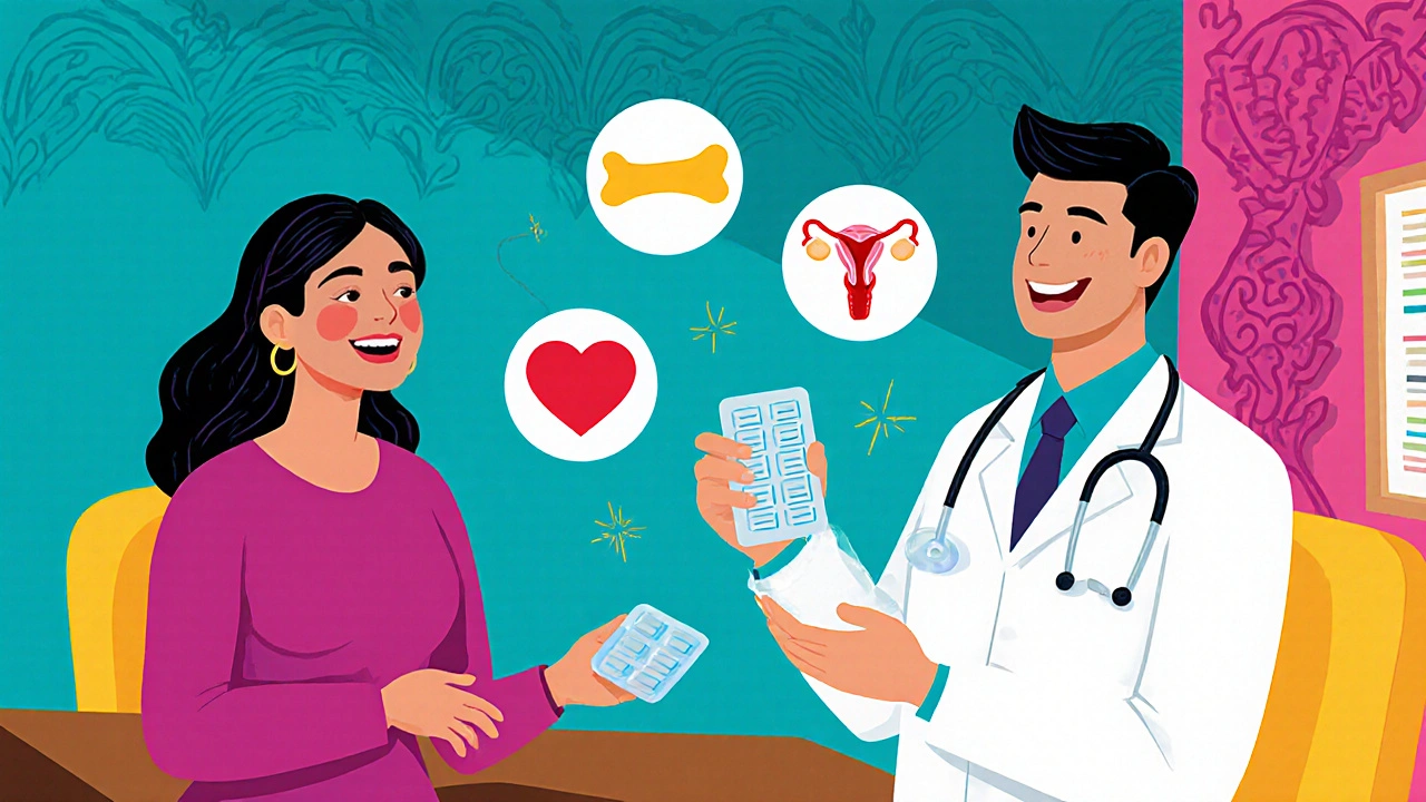 Doctor showing a patch and tablet with cartoon bone, heart, and uterus icons.