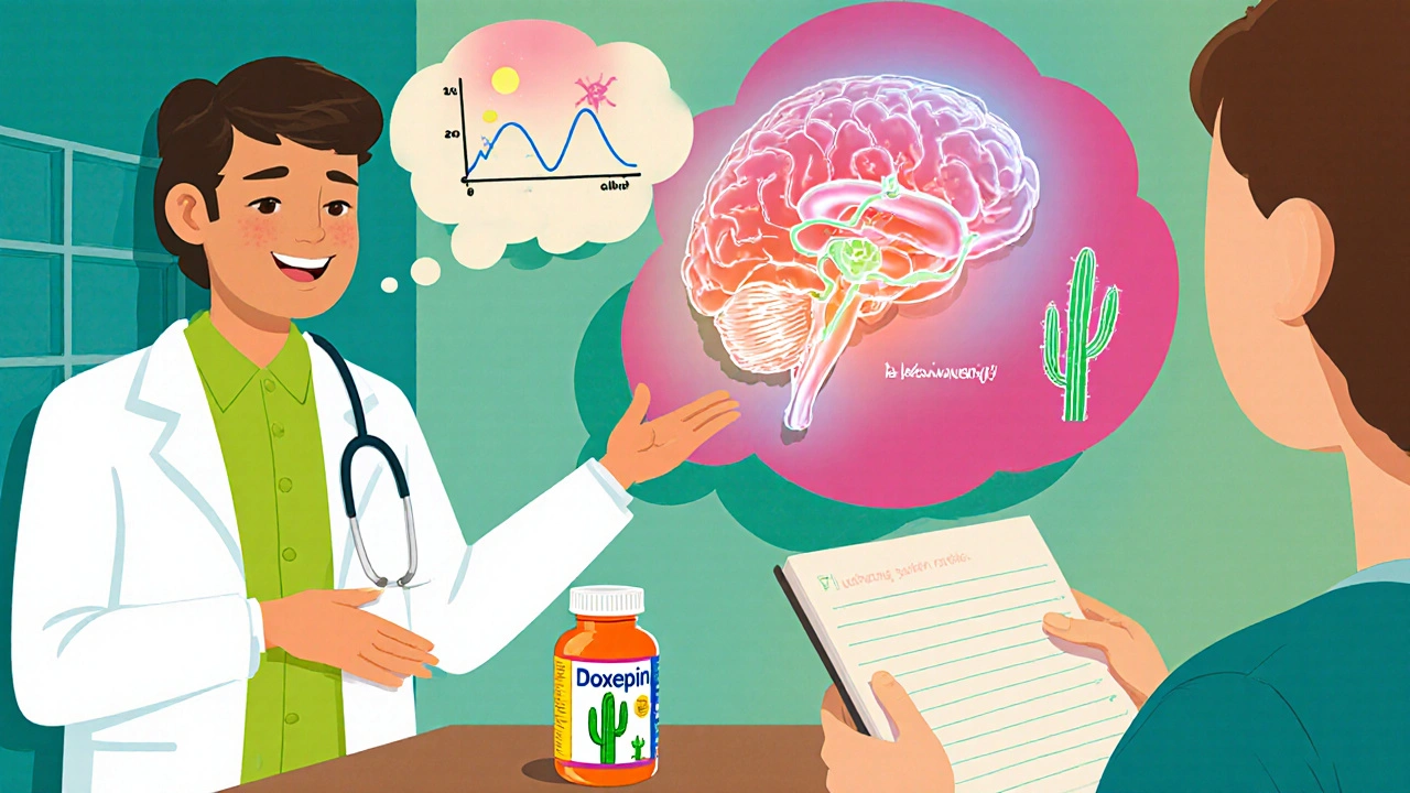 Doctor showing brain diagram with serotonin pathways and a Doxepin pill bottle in a lively clinic scene.