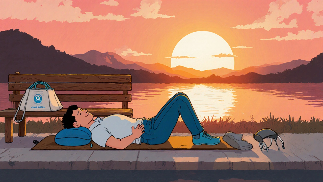 Driver resting on a mat with pillow, using lumbar cushion and footrest at sunset in cartoon illustration.