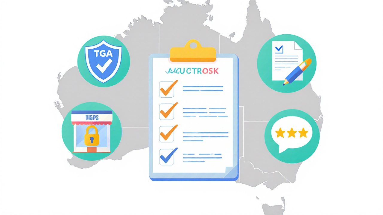 Flat illustration showing a checklist of safe online pharmacy symbols.