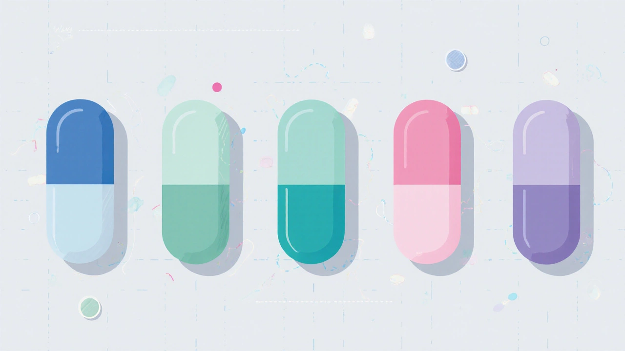 Flat illustration showing five colored pill icons arranged side by side.