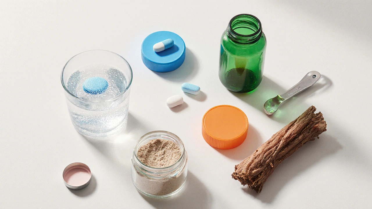 Flat lay of various ED meds: fizzy drink, tablets, bottle, powder, ginseng root.
