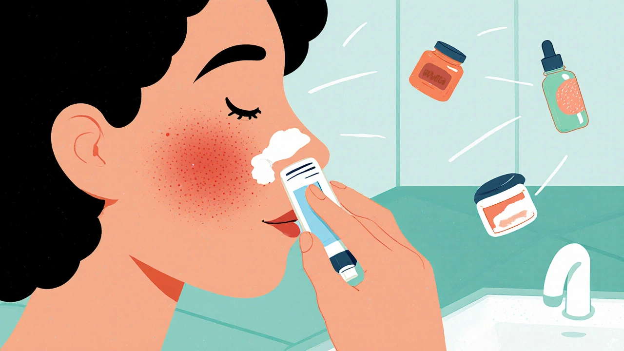 Hand applies hydrocortisone cream to a red patch with icons of different formulations nearby.