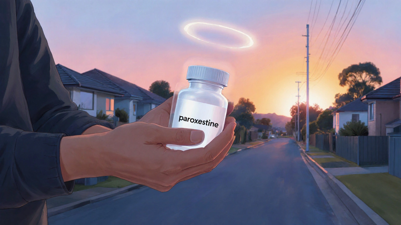 Hand holding a sealed generic Paxil bottle with sunrise background, symbolizing relief.