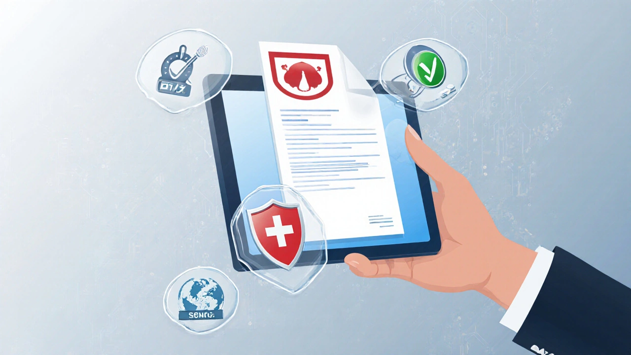 Hand uploading a prescription PDF to a secure pharmacy portal with safety icons.