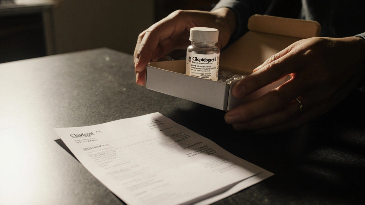 Hands inspecting a clopidogrel bottle from a delivered package