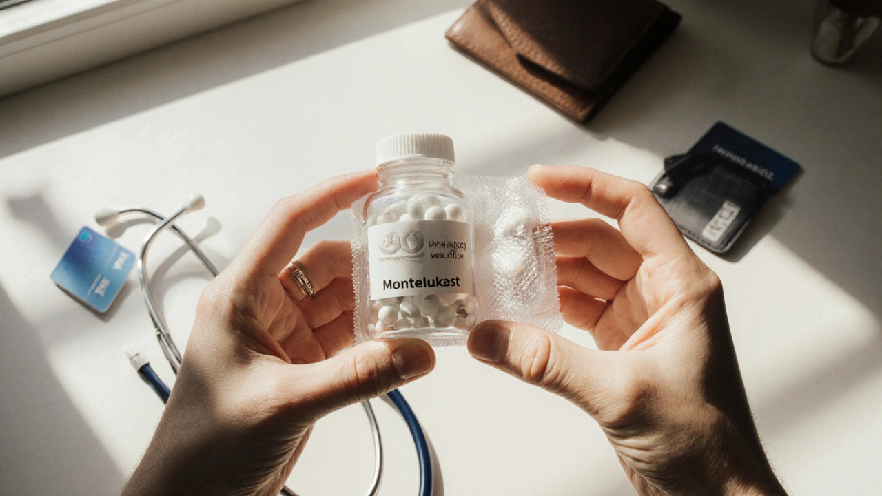 Hands opening a parcel containing a bottle of generic Singulair tablets.