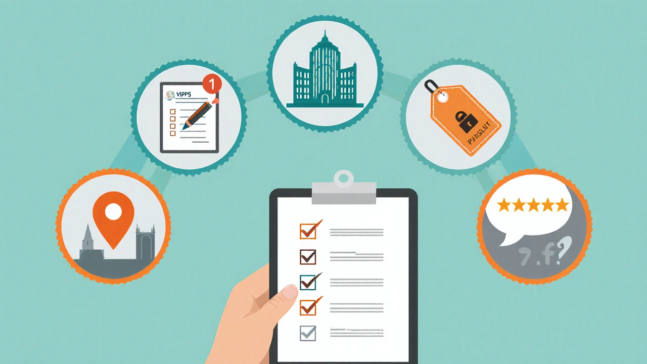Illustrated checklist icons showing steps to verify a safe online pharmacy.