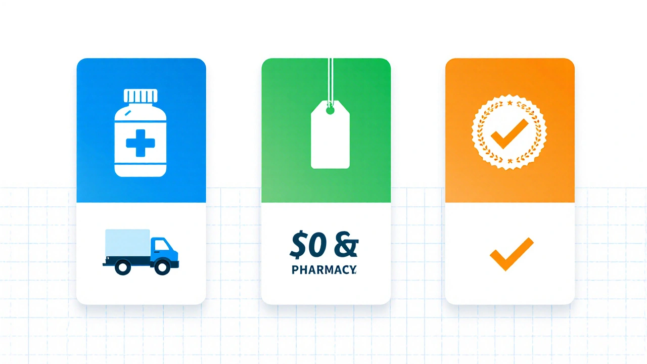 Illustrated comparison of three online pharmacies with icons