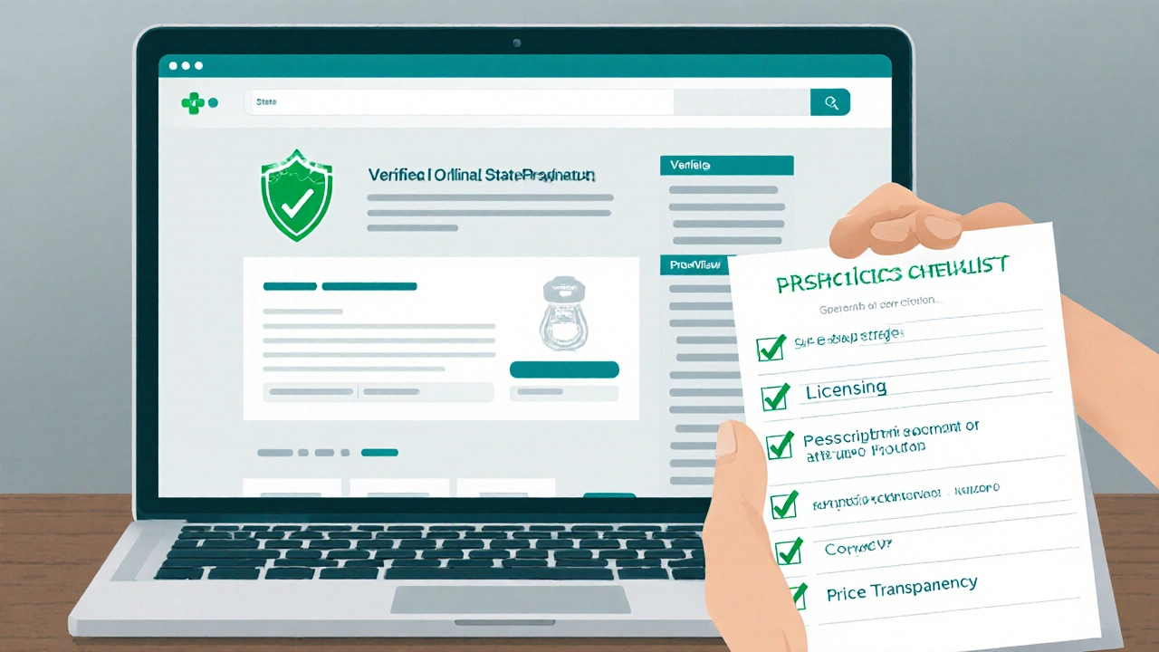Laptop screen showing verified pharmacy icons and a checklist of safety steps.