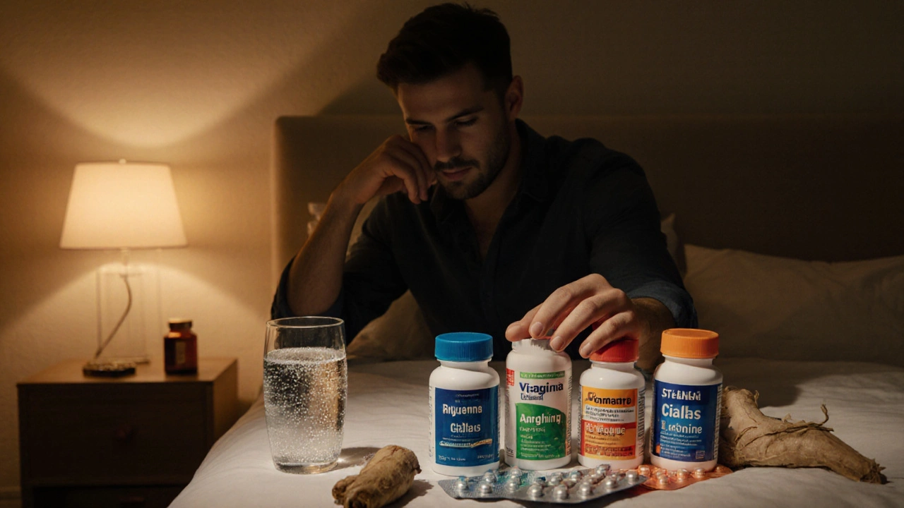 Man in bedroom contemplating several pill bottles and a glass of sparkling water.