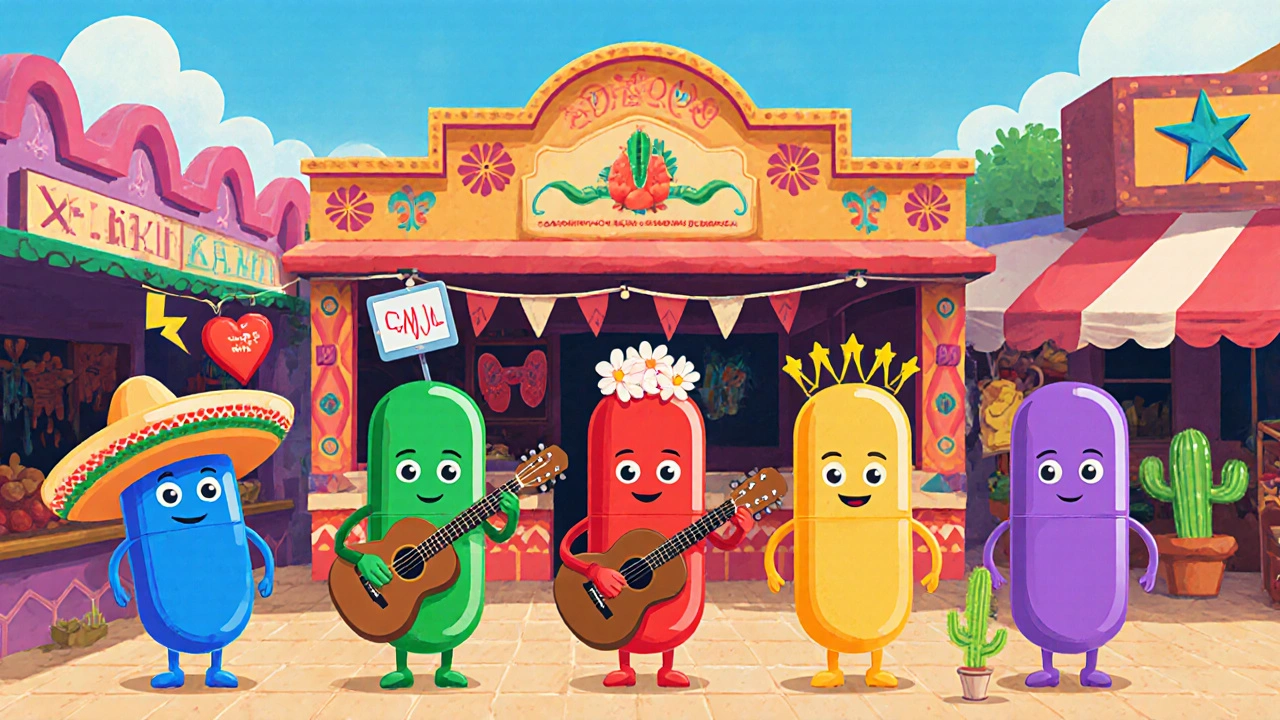 Mexican market with pill characters representing different heart drugs.