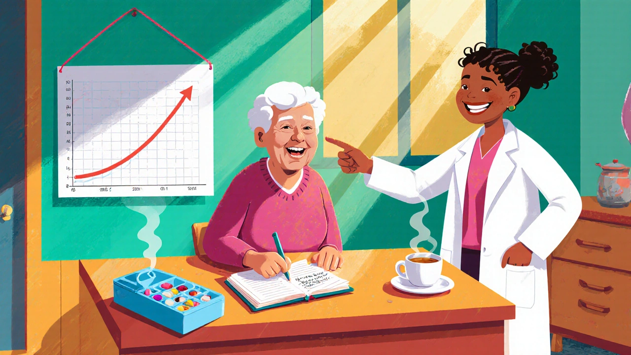 Older adult with pill organizer and diary receives advice from a doctor in a sunny kitchen.