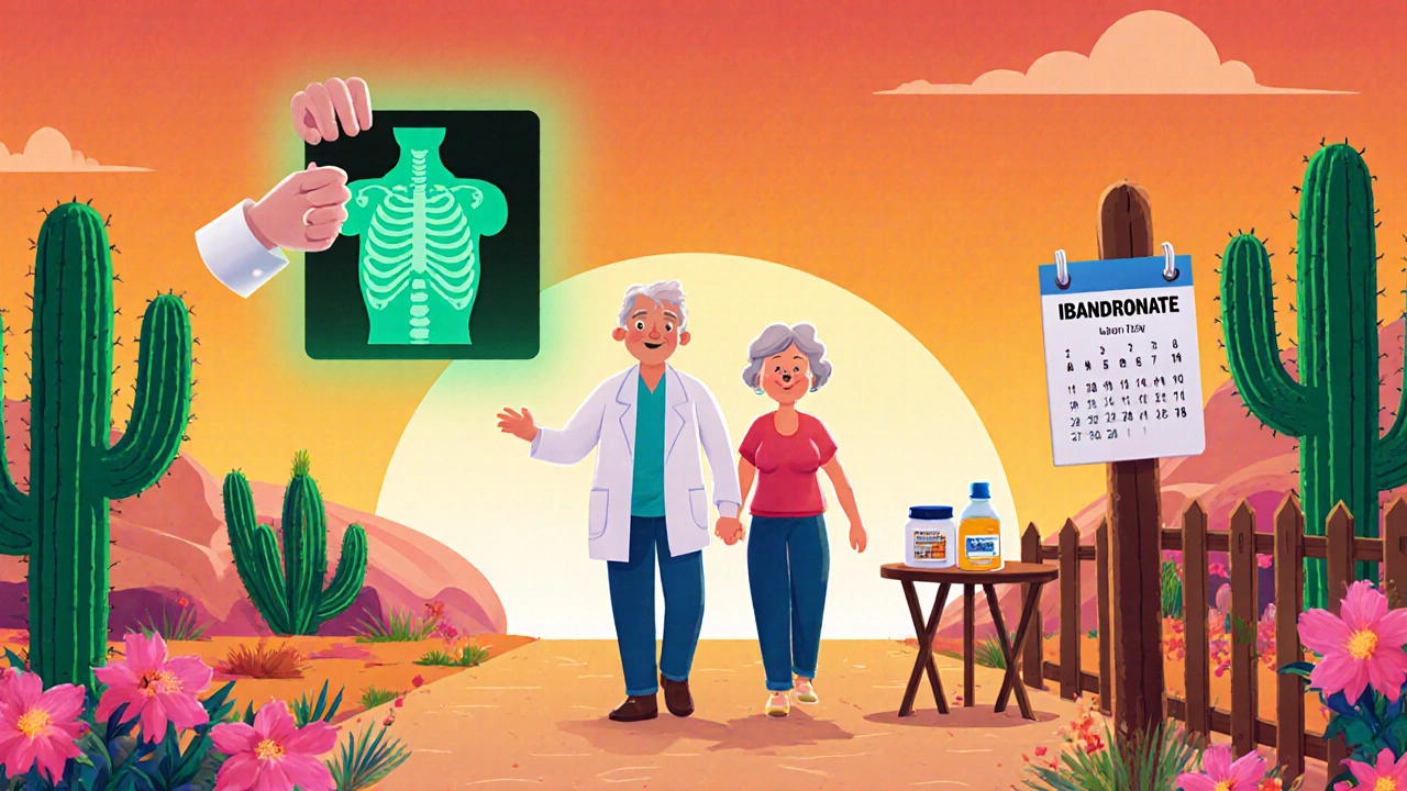 Older couple walking outdoors with doctor holding DEXA scan, calcium and vitamin D bottles, and monthly reminder calendar.