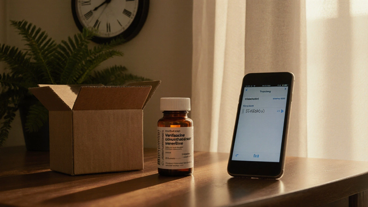 Opened parcel with generic venlafaxine bottle on a table, indicating verification.