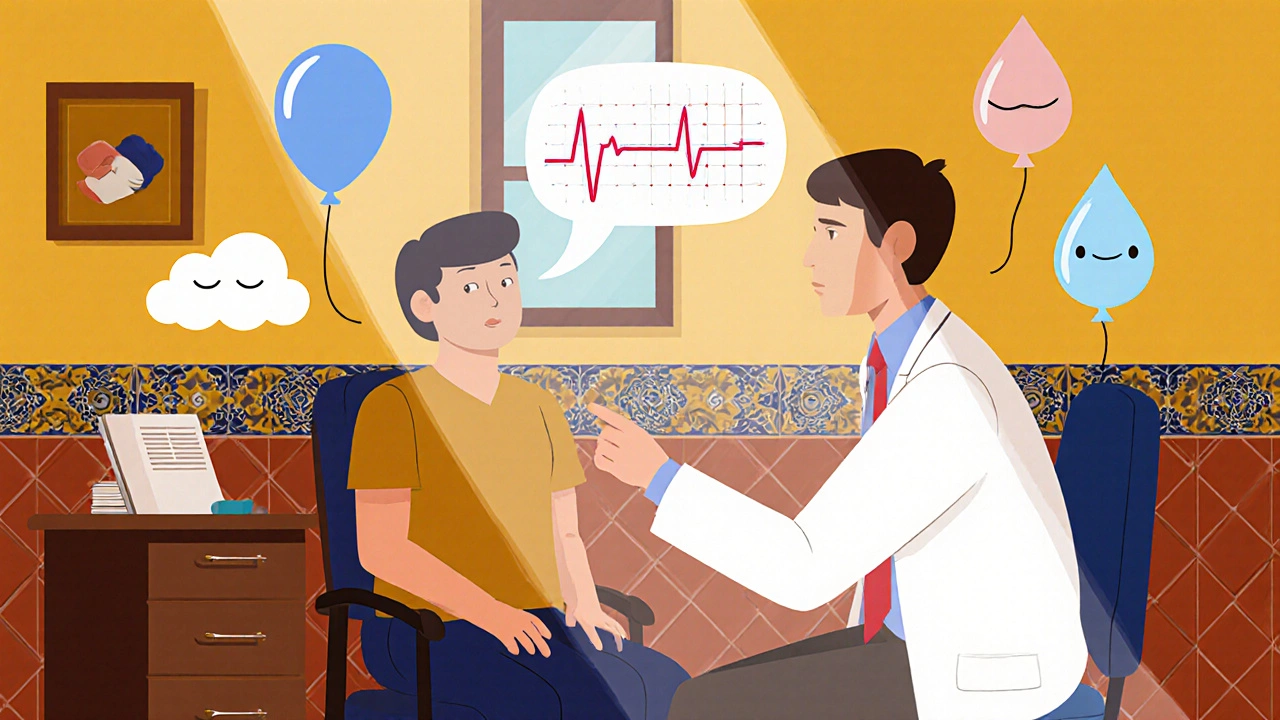 Patient and doctor discussing Doxepin side effects, with heart monitor and whimsical icons in a Mexican‑styled office.