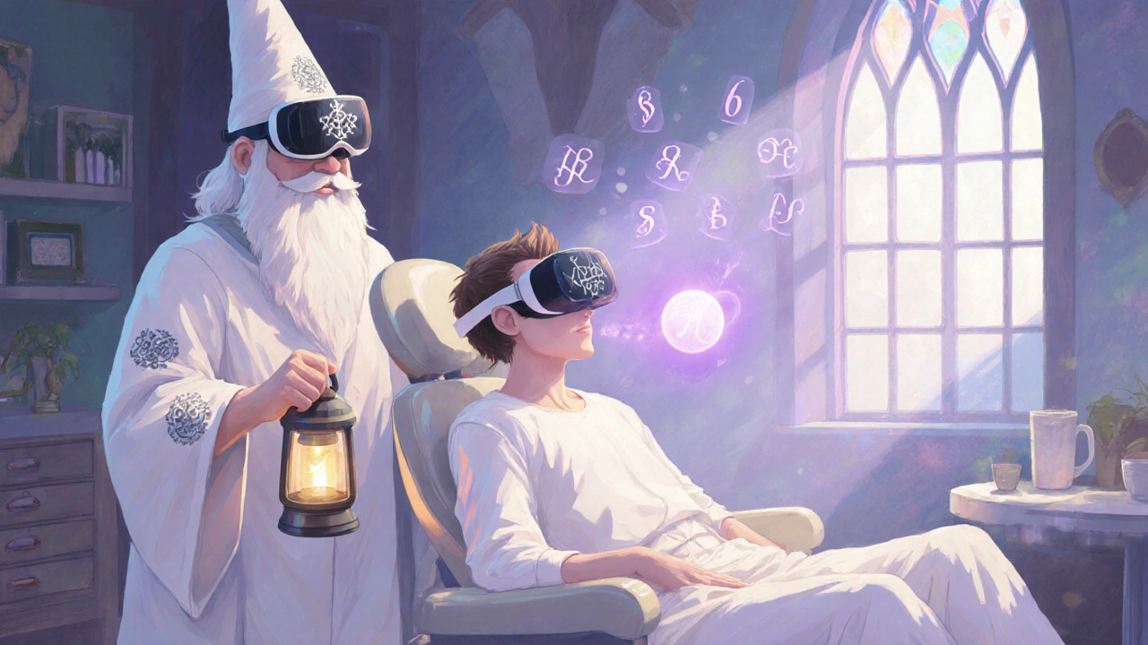 Patient sits calmly in a bright dental clinic with a friendly wizard dentist.