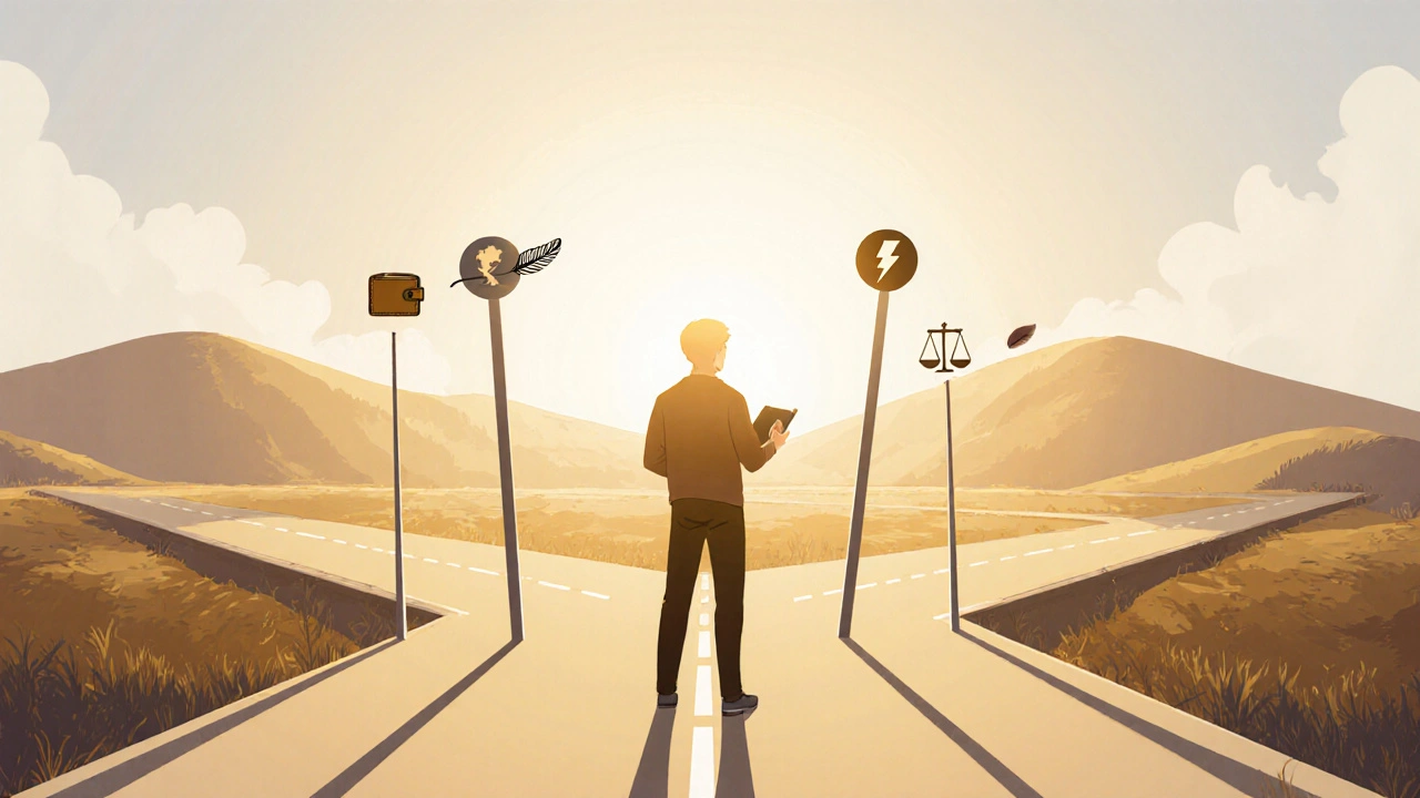 Person at a crossroads choosing between icons for cost, side effects, energy, and weight.