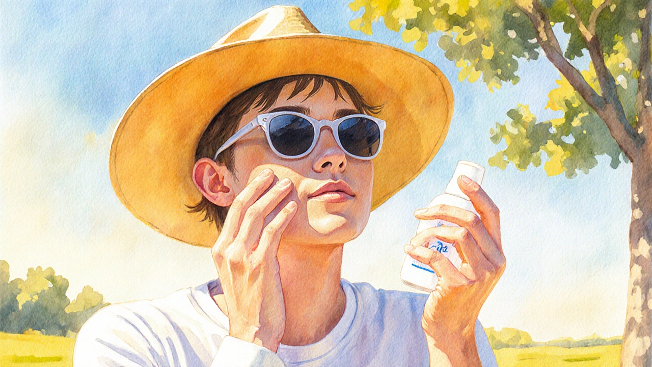 Person in hat and protective clothing applying sunscreen under bright sunshine.
