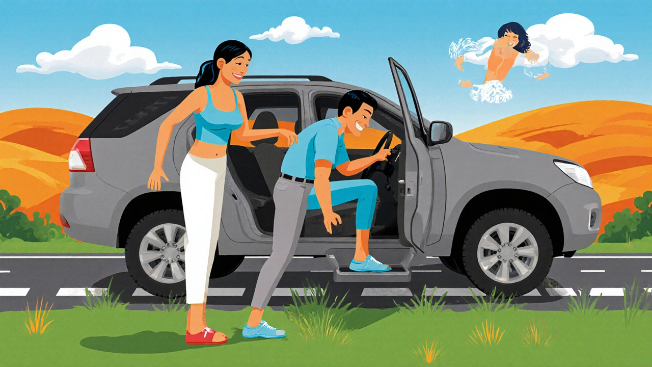 Roadside break with driver doing spinal twist, hamstring stretch, and neck rolls in a vibrant cartoon style.