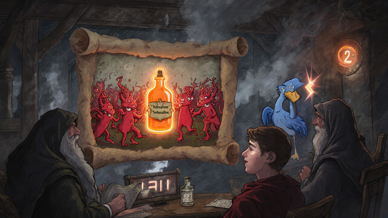 Scholars examining scrolls showing anxiety monsters triggered by Terbutaline.