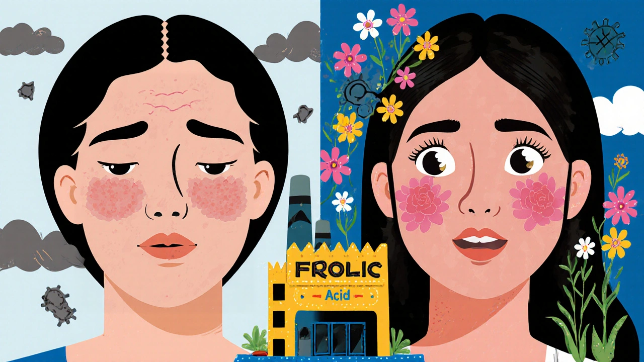 Split image showing a tired woman transforming into a radiant one with glowing skin cells blooming like flowers.