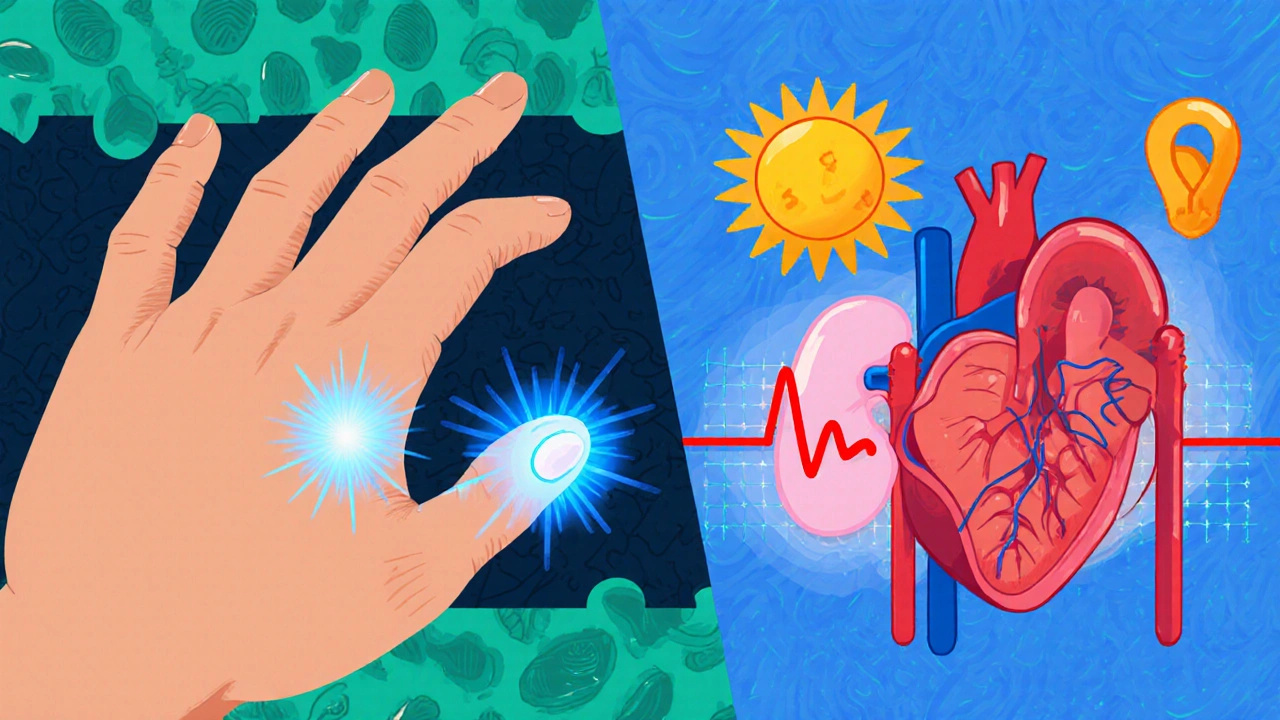 Split view of tingling hand, muscle cramp, irregular heart rhythm, kidney and vitamin D icons.