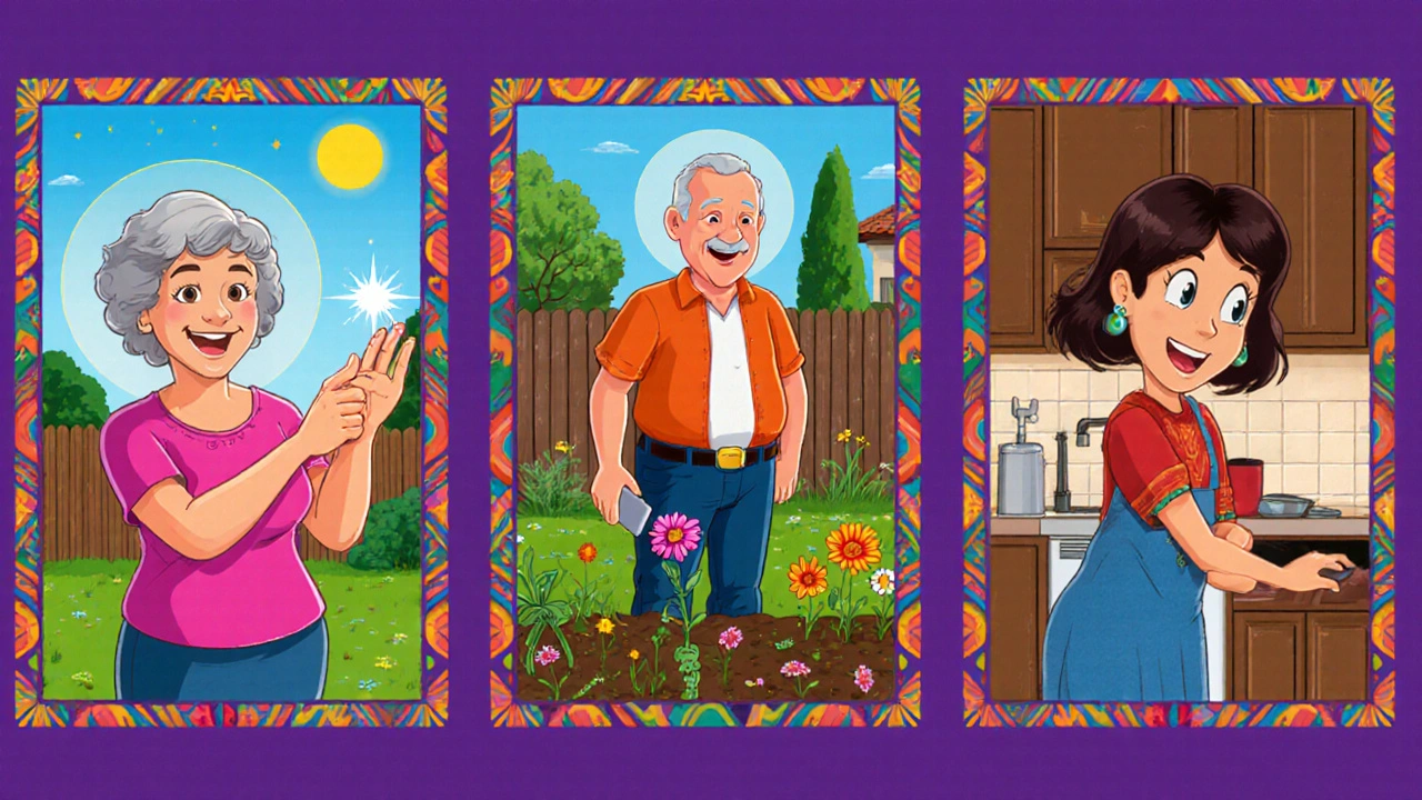Three seniors: Maria in garden, James gardening, Elena using phone reminder, all showing improved bone health.