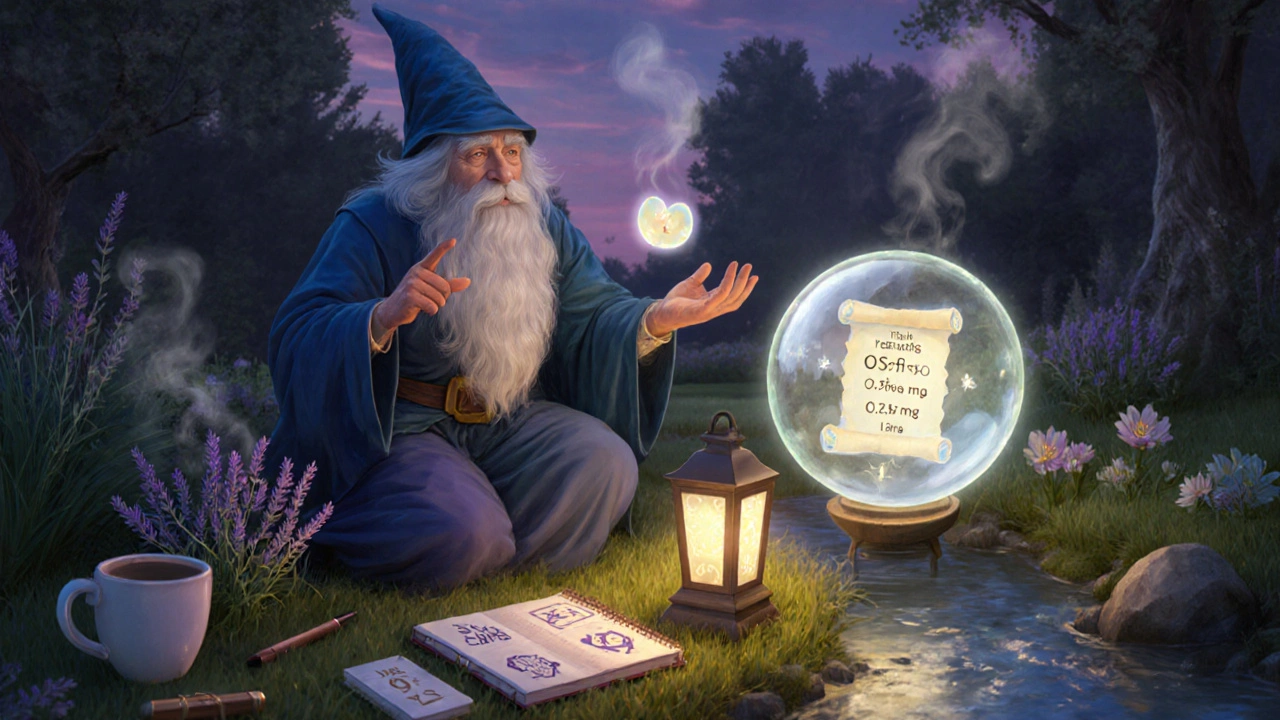 Wizard guiding patient with dosage scroll, mood crystal, and calming garden.