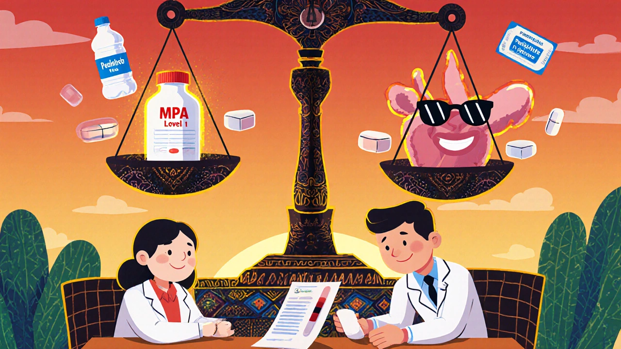 A doctor and patient balancing pill doses with glowing blood test, surrounded by medical symbols in Mexican art style.