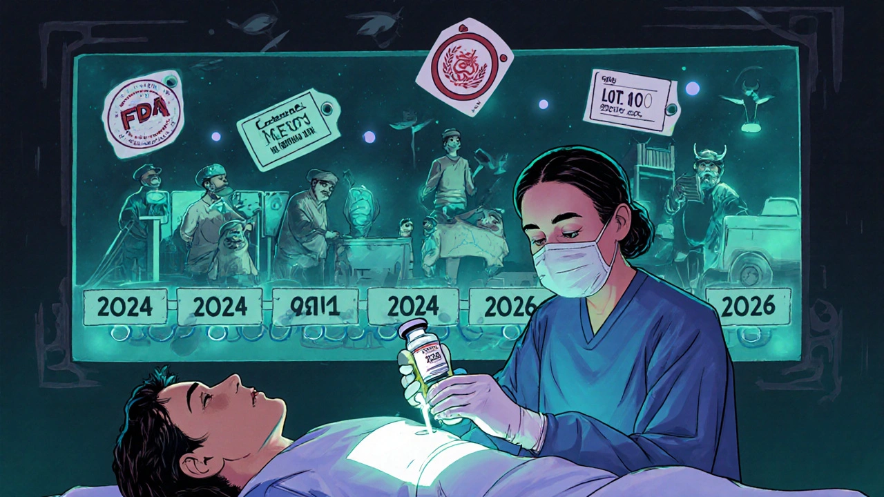 A doctor giving propofol in an operating room while a timeline stretches to 2026, with FDA approval seals and alebrije-style guardians watching.