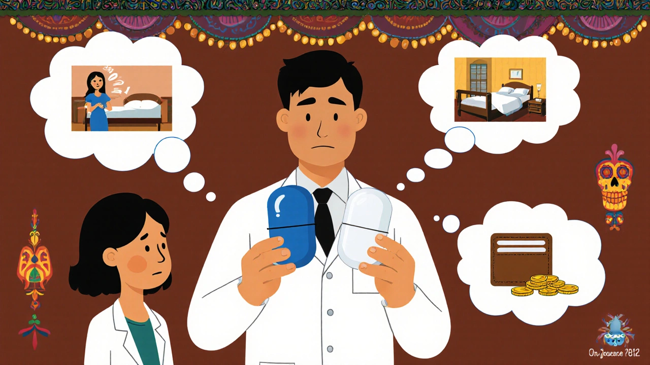 A doctor holds two pills while a patient stares skeptically at the generic one, surrounded by thought bubbles showing fear, cost, and health consequences.