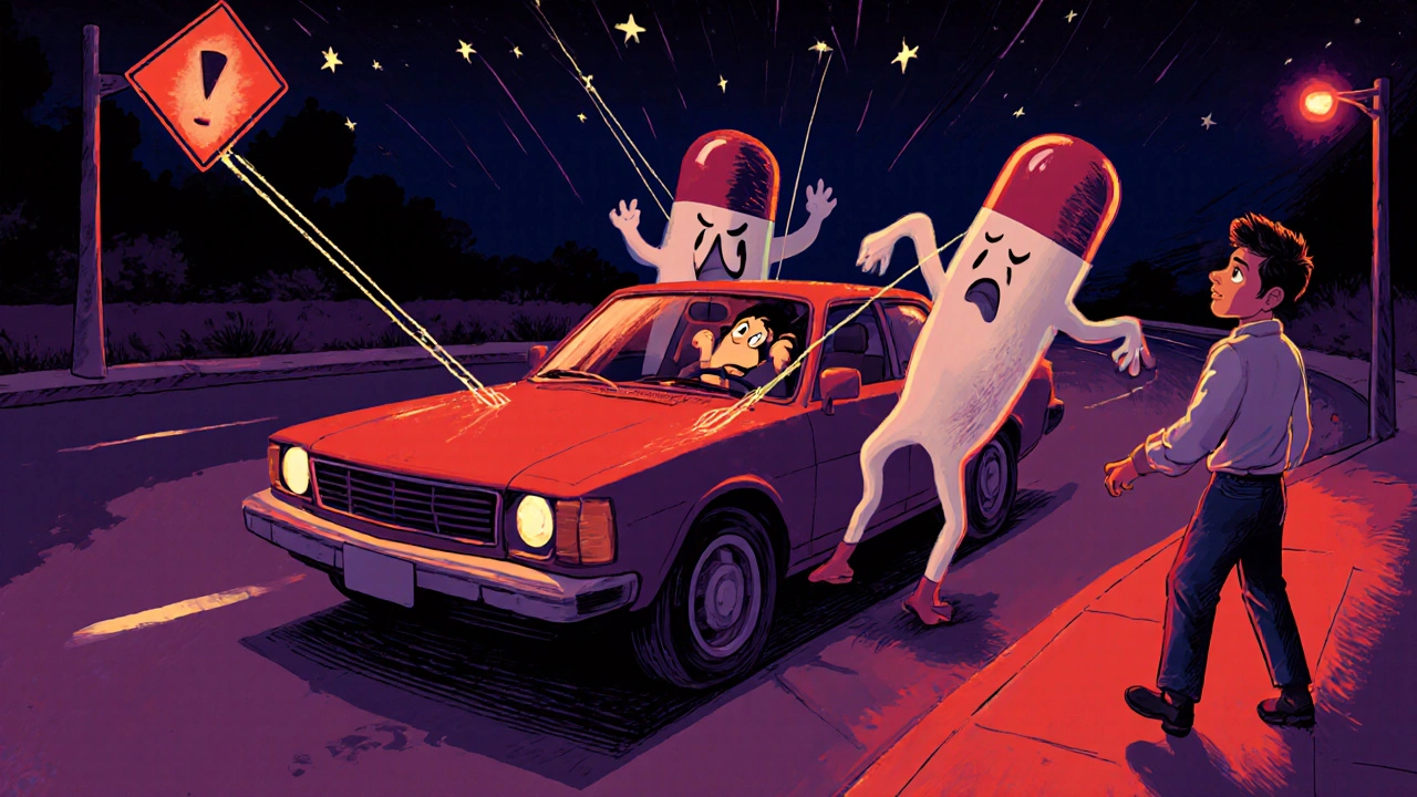 A driver asleep at the wheel, pulled by ghostly wine and pill figures, steering wildly at night.