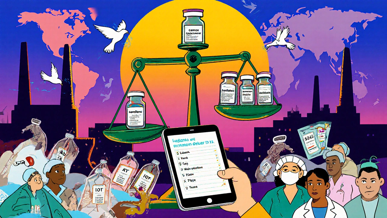 A giant scale balancing a single vial against broken supply chains, with healthcare workers checking an FDA list on a glowing tablet.