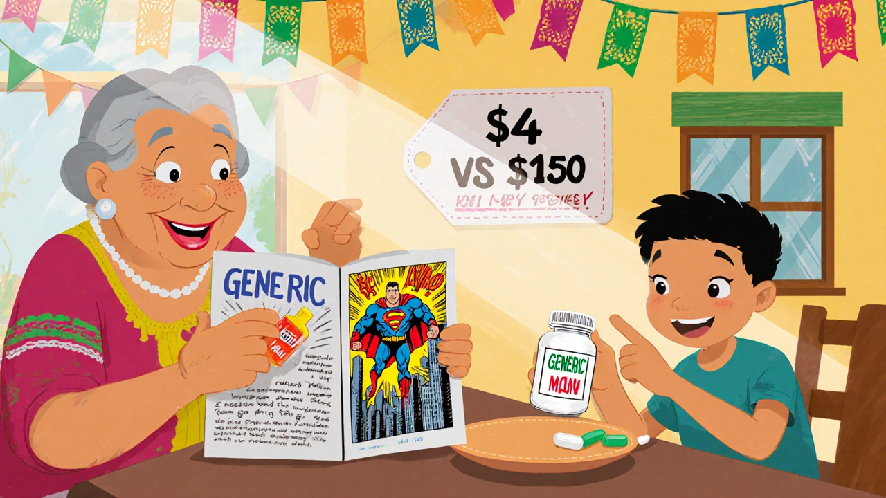 A grandmother smiles holding a generic pill bottle as her grandson points to a comic book superhero made of a white pill, with festive decorations in the background.