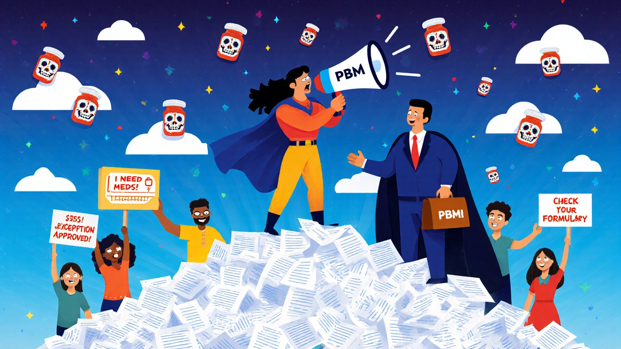 A patient stands tall on paperwork, demanding access to medication while confronting a corporate AI figure.