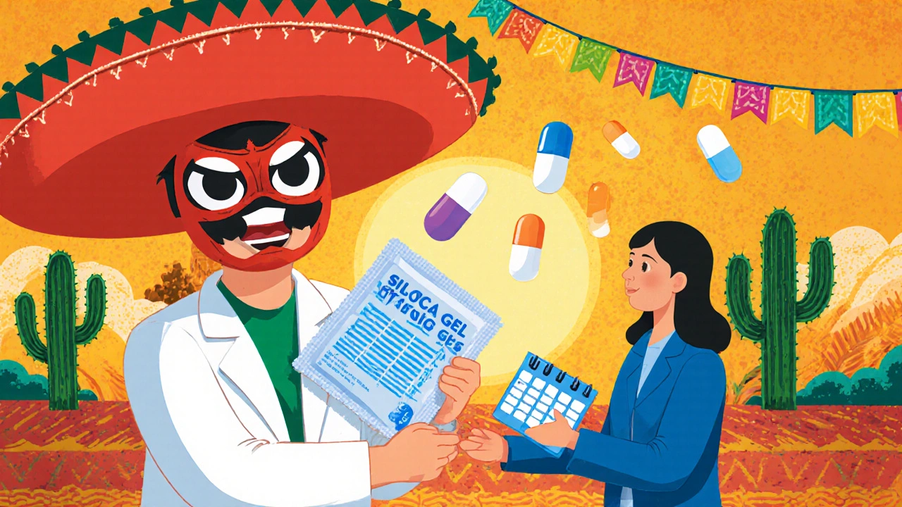 A pharmacist giving a superhero silica gel packet to a patient in a colorful setting.